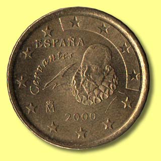 スペインで発行されたユーロのコインに描かれたドン・キホーテの作者セルヴァンテス