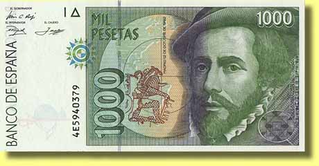 スペインの昔の1000ペセタ紙幣に描かれていたコルテス