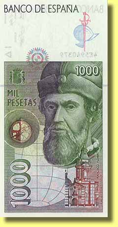 スペインの昔の1000ペセタ紙幣に描かれていたピサロ