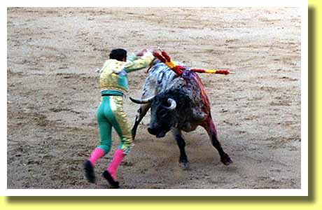 スペインの首都マドリッドにあるラス・ヴェンタス闘牛場で牛に向かうバンデリジェロ