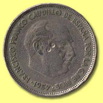ユーロ導入前のスペインのコインに描かれた独裁者フランコ総統の横顔